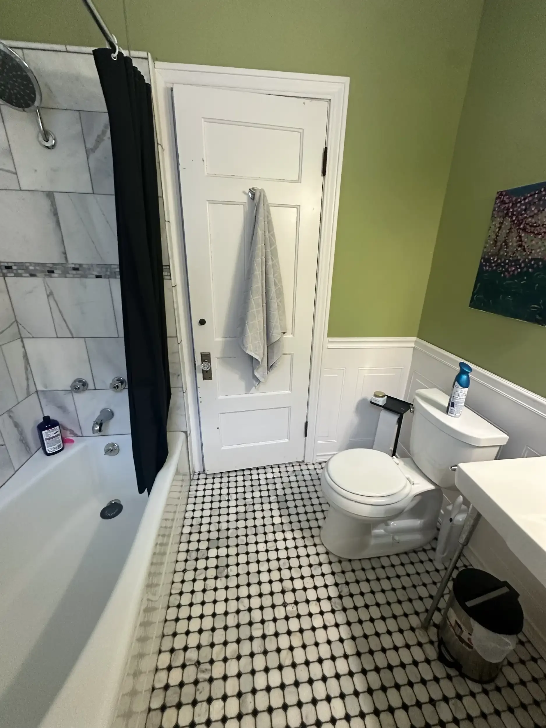 Bathroom with green walls, white door, black and white tiled floor, bathtub with shower, toilet, and sink. Items include a soap bottle, towel, and toiletries.