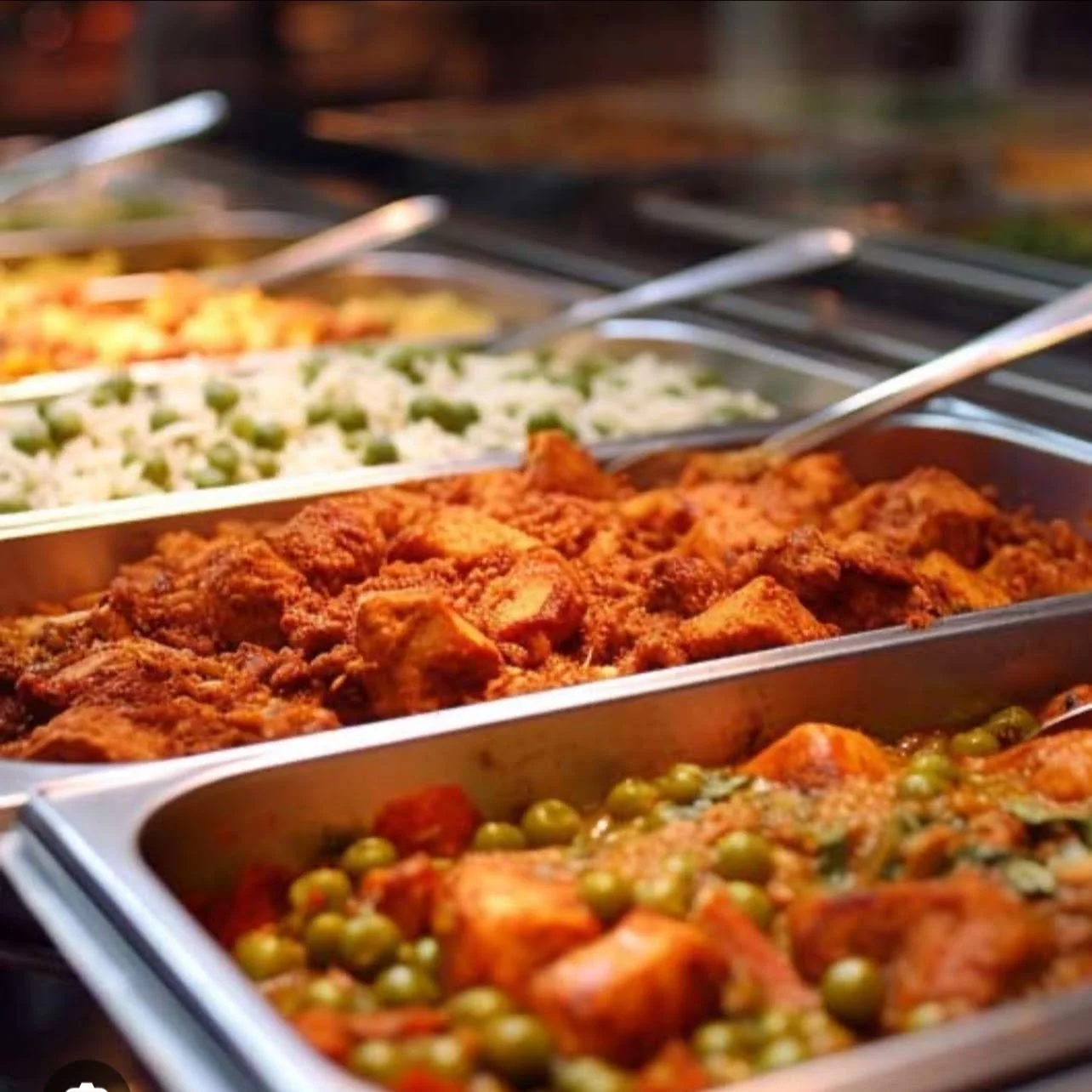 Buffet-style food trays filled with various dishes including fried chicken, peas and carrots, and mixed vegetables.