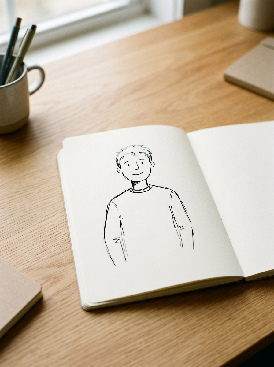Open sketchbook on a wooden desk showing a black and white drawing of a smiling young man with short hair wearing a sweater.