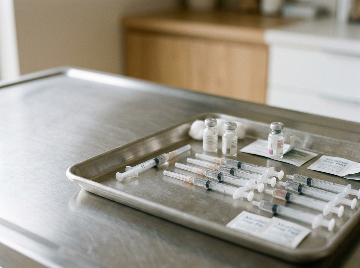 Medical tray with syringes, vials, and medication packets on a stainless steel surface in a clinical setting.