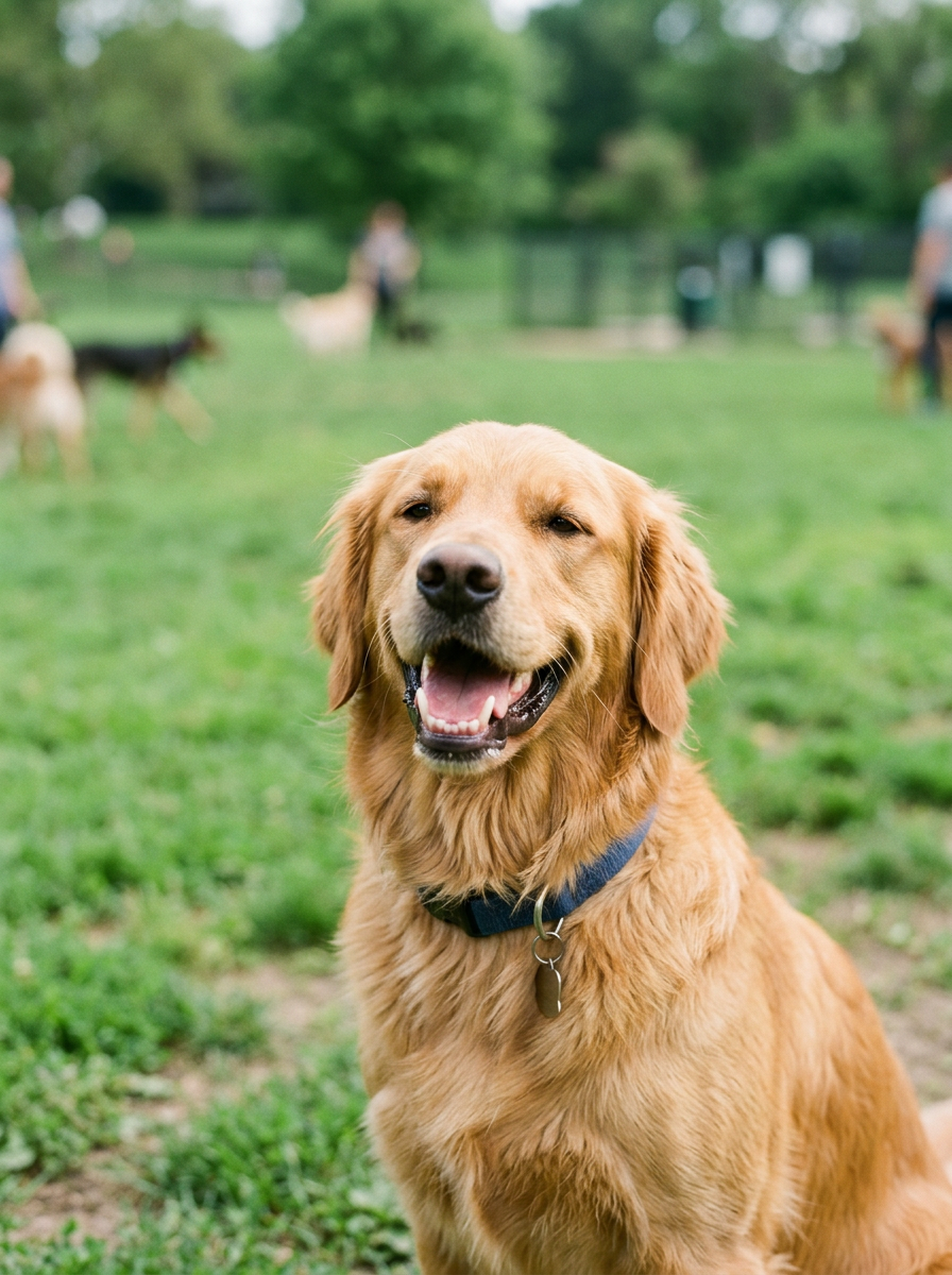 A happy golden retriever sitting on grass at a dog park with other dogs and people in the background.