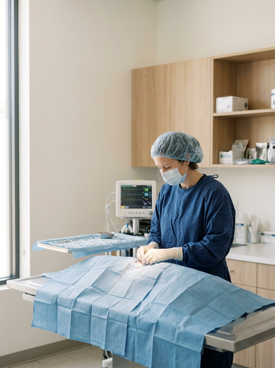 Surgeon performing a surgical procedure in an operating room, wearing scrubs, a surgical cap, mask, and gloves.