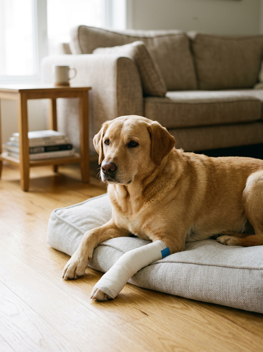 A golden retriever lying on a dog bed with a bandaged paw in a living room, with a brown sofa and a wooden side table in the background.