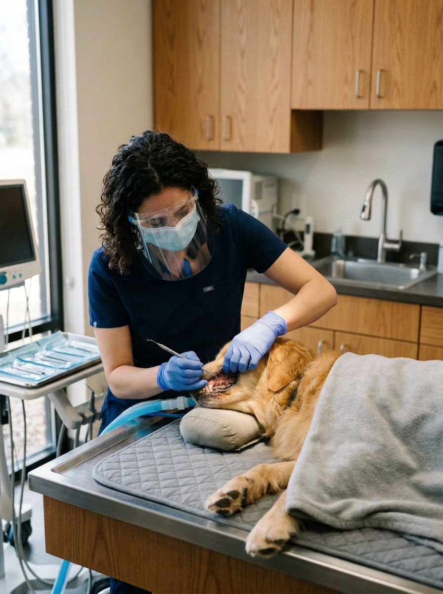 A veterinary technician wearing a face shield, mask, and gloves examines a golden retriever dog lying on an exam table inside a veterinary clinic.