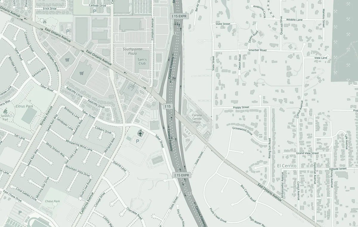 Map showing highways, streets, and neighborhoods in a suburban area, including I-15 freeway, East Ontario Avenue, and residential streets.