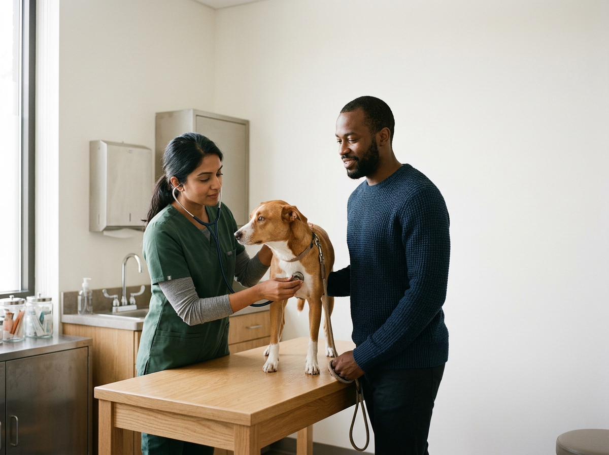 A veterinarian using a stethoscope on a brown and white dog on an examination table while a man holds the dog's leash in a veterinary clinic.