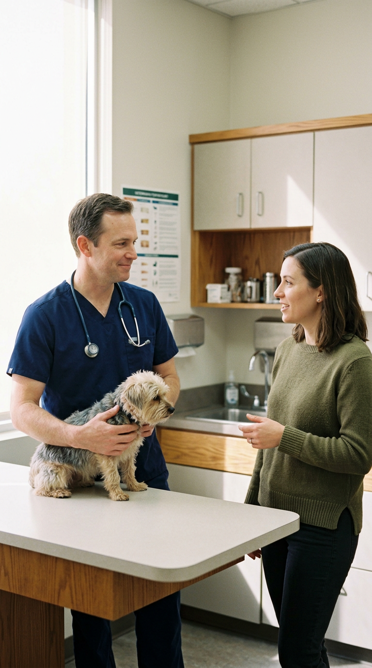 A male veterinarian holding a small dog while talking to a woman in a veterinary clinic exam room.