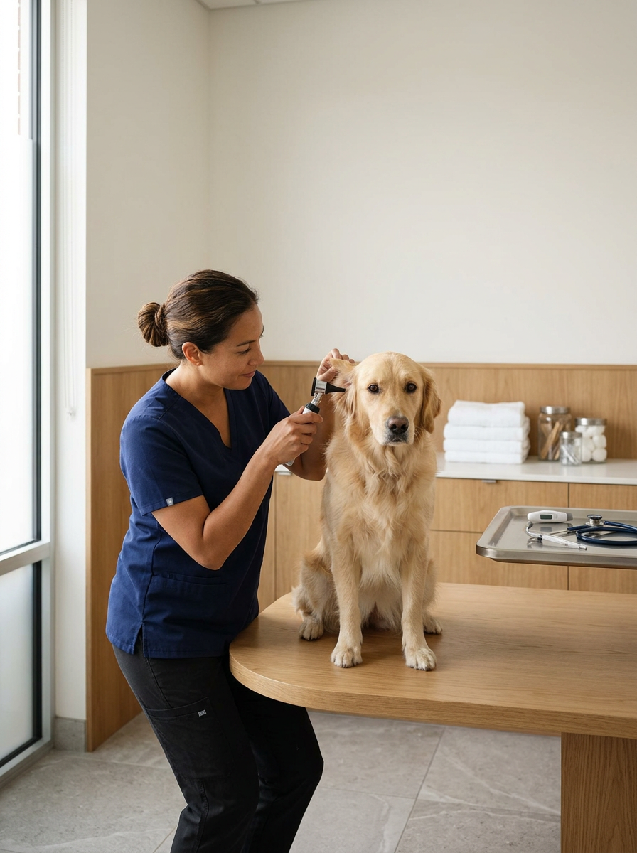 A veterinarian trimming a Golden Retriever's ear in a veterinary clinic with a wooden counter and medical supplies in the background.