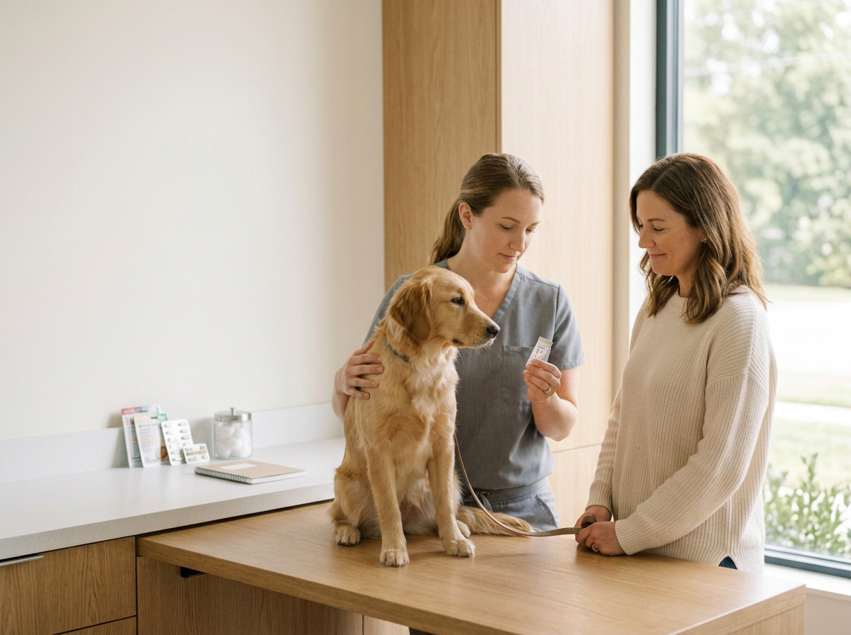 A veterinarian and a woman in a white sweater standing with a golden retriever dog at a veterinary clinic. The dog is seated on the exam table and they are all near a large window with an outdoor view.