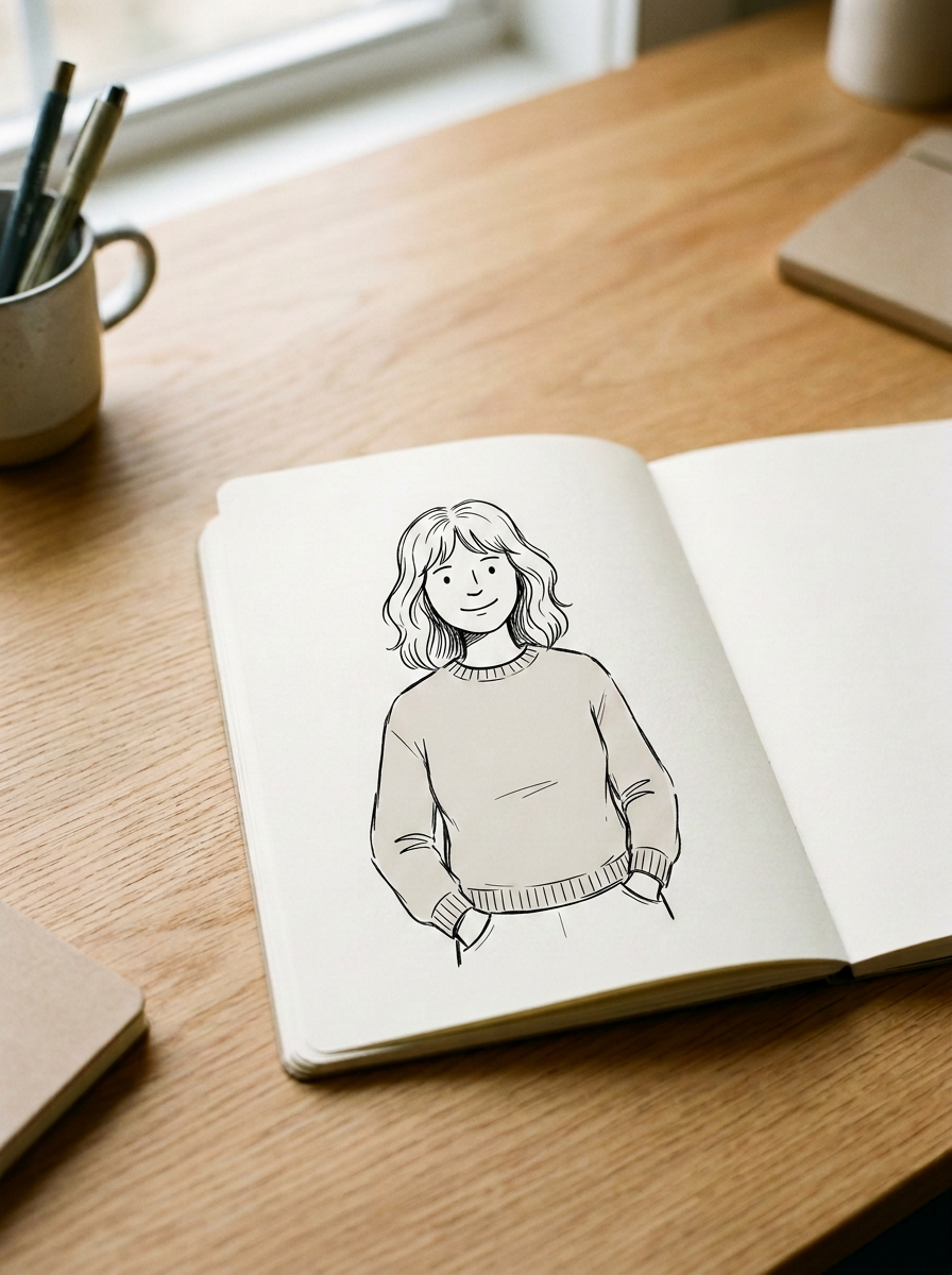 Open sketchbook with a black-and-white drawing of a woman with shoulder-length wavy hair, wearing a sweater, hands in pockets, on a wooden desk near a window.