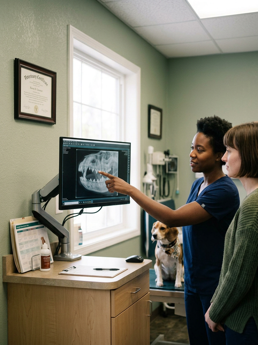 Veterinarian and pet owner examining an X-ray of a dog's teeth in an examination room, with a dog sitting on the examination table.