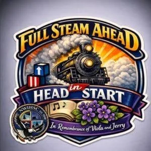 A logo for a steam train event titled 'Full Steam Ahead' with a vintage locomotive crossing a bridge, surrounded by flowers and musical notes, and a banner reading 'In Remembrance of Velma and Jerry.'