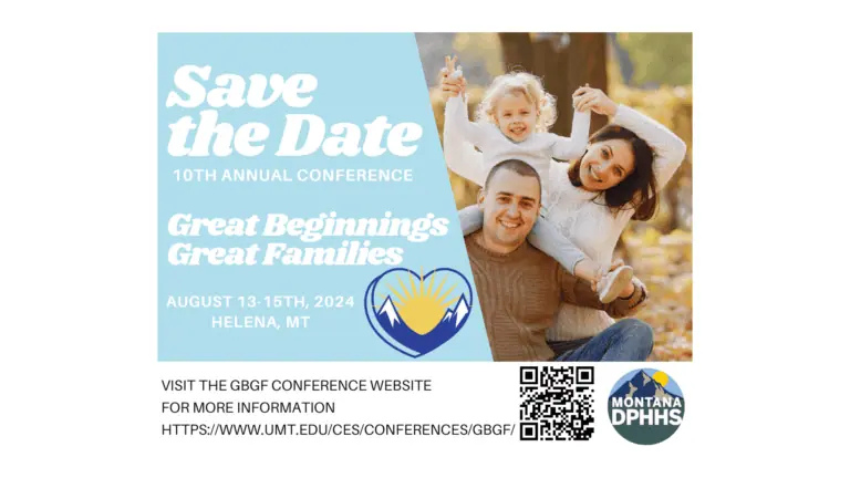 A family of three sitting outdoors in a park during fall, with a young girl on their shoulders, smiling and making a peace sign, promoting the 'Save the Date' for the 10th Annual Conference in Helena, Montana, August 13-15, 2024.