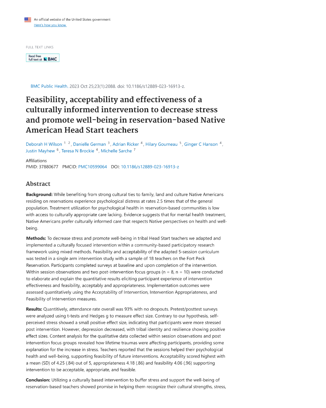 Screenshot of a research article titled 'Feasibility, acceptability and effectiveness of a culturally informed intervention to decrease stress and promote well-being in reservation-based Native American Head Start teachers' from BMC Public Health.