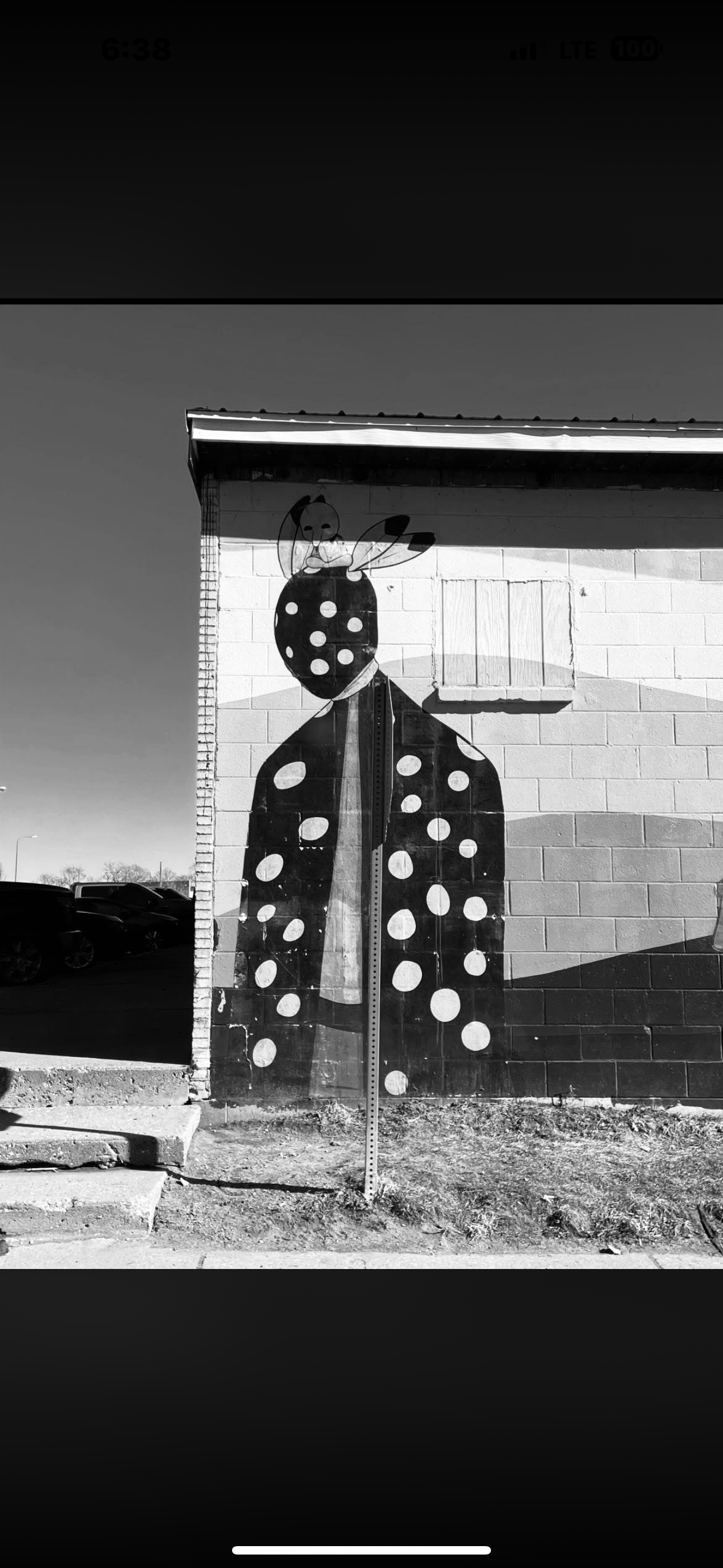 Black and white mural of a person with a ladybug costume, featuring a ladybug face on their head and a coat covered with ladybug spots, painted on a brick building wall.