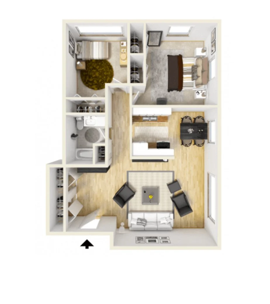 A 3D floor plan of a one-bedroom apartment showing a living room with a sofa and chairs, a dining area with a table and four chairs, a kitchen with appliances, a bedroom with a bed and nightstands, and a bathroom with a shower, toilet, and sink.