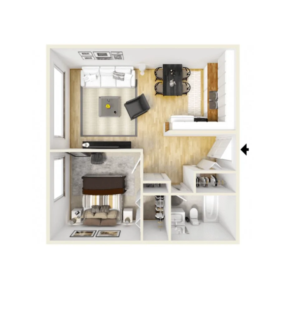 Floor plan of a one-bedroom apartment featuring a living room, dining area, kitchen, bedroom, bathroom, and laundry area.