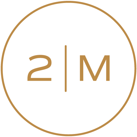 Logo with '2M' inside a gold circle on a black background.