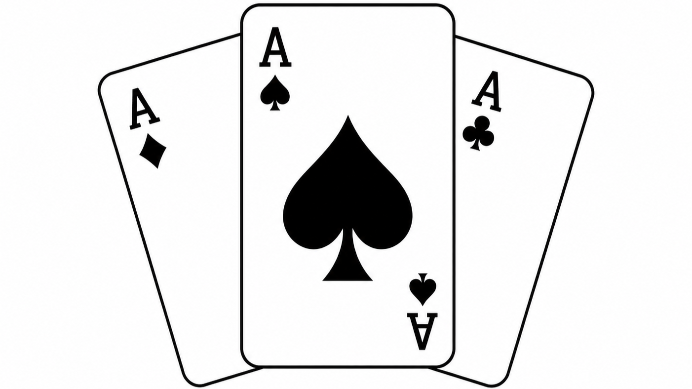Black and white illustration of three playing cards: Ace of Spades in the center, Ace of Diamonds on the left, and Ace of Clubs on the right.