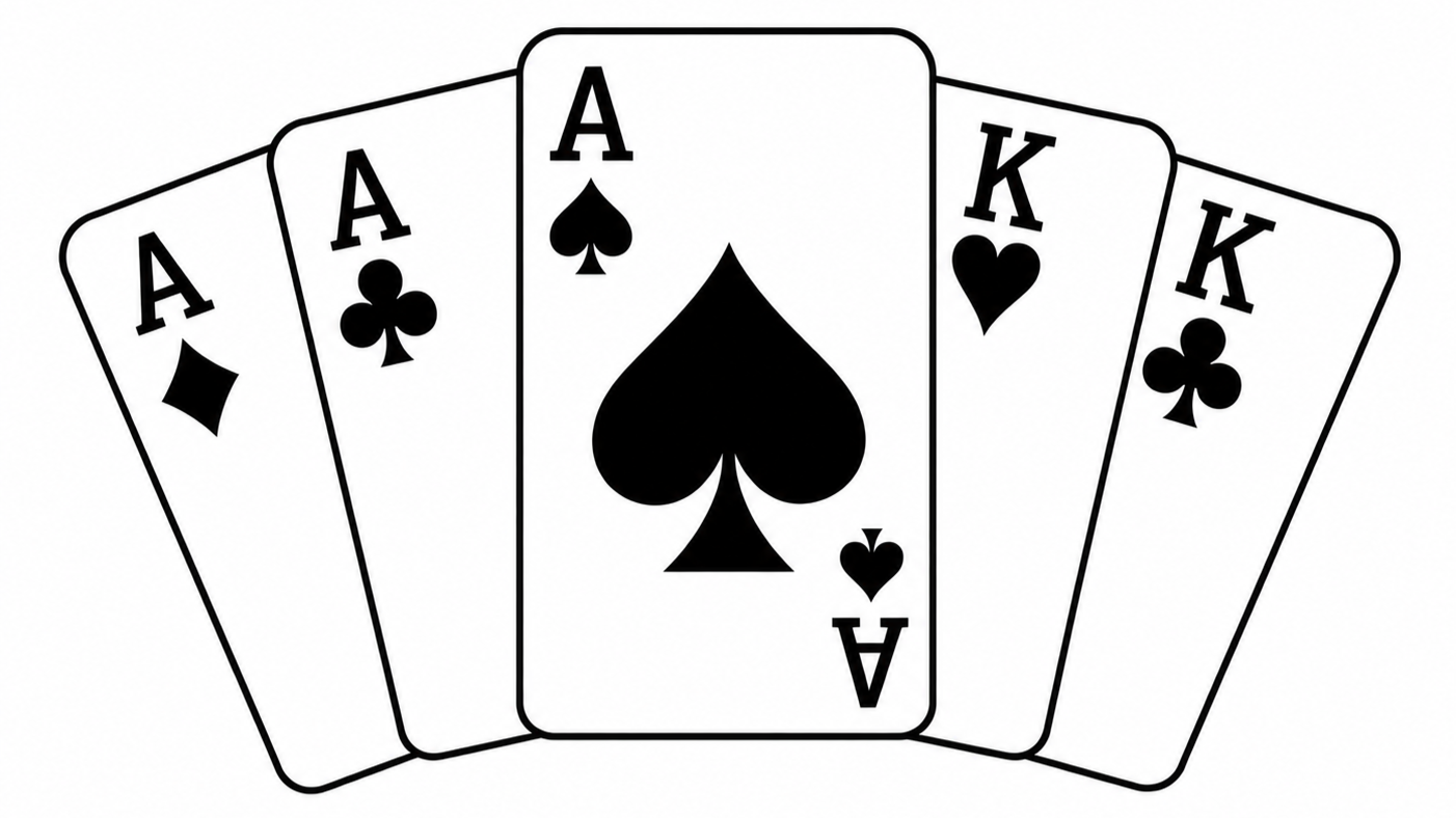 A five-card poker hand with four aces and a king in black and white.