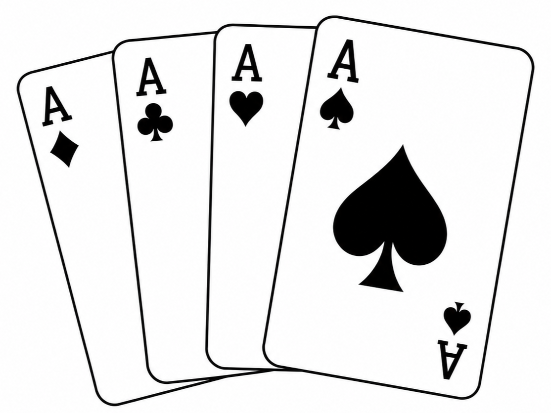 Four playing cards showing four aces from spade, heart, club, and diamond suits.