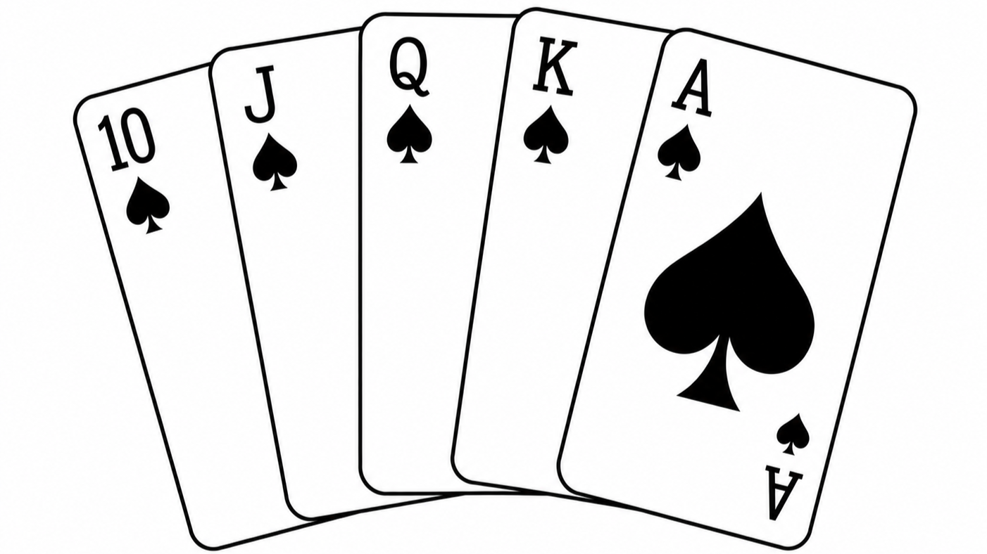 A fan of playing cards including from left to right: ten of spades, jack of spades, queen of spades, king of spades, and ace of spades.
