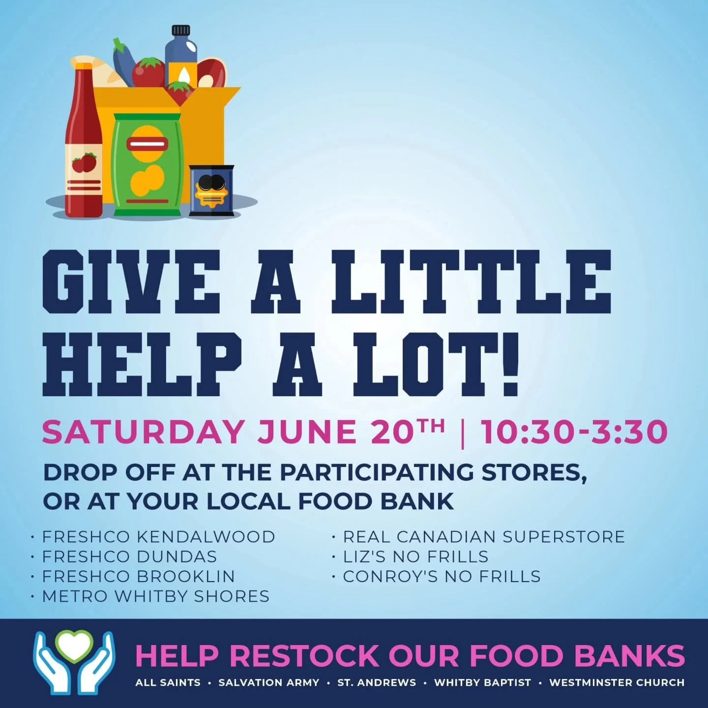 Whitby! Let's help combat food insecurity! With the rising cost of living including groceries, there has been a surge of foodbank use in the last few years. Recently St. Andrew's Community Food Bank had to turn people away after serving over 200+ fam