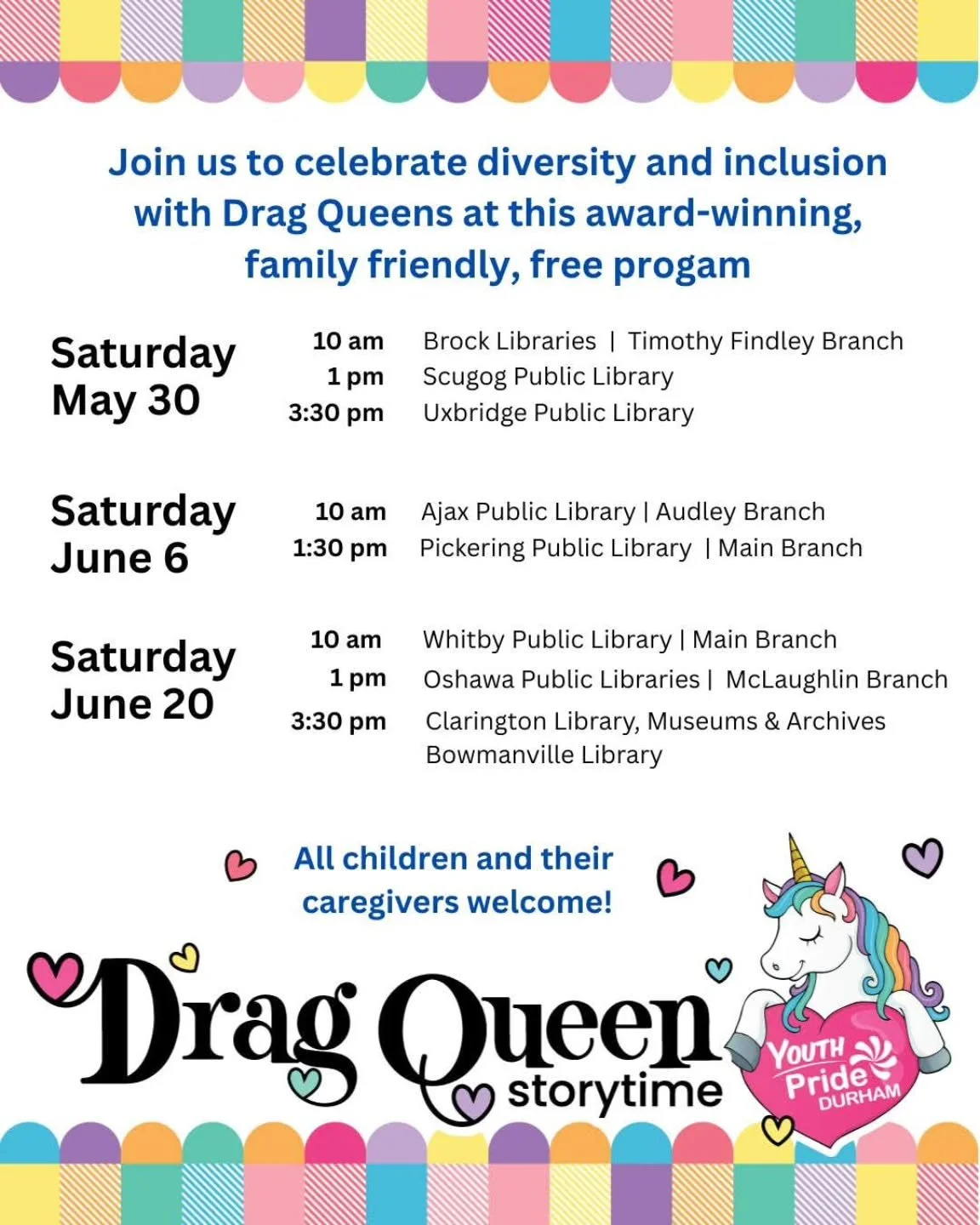 Starting on Saturday May 30 Drag Queen Storytime is back at your local library! Family friendly, free and full of fun for all queens and members of the community! Everyone is welcome! 😊🌈

#pridemonth #pride #dragqueenstorytime #diversity #durhamreg