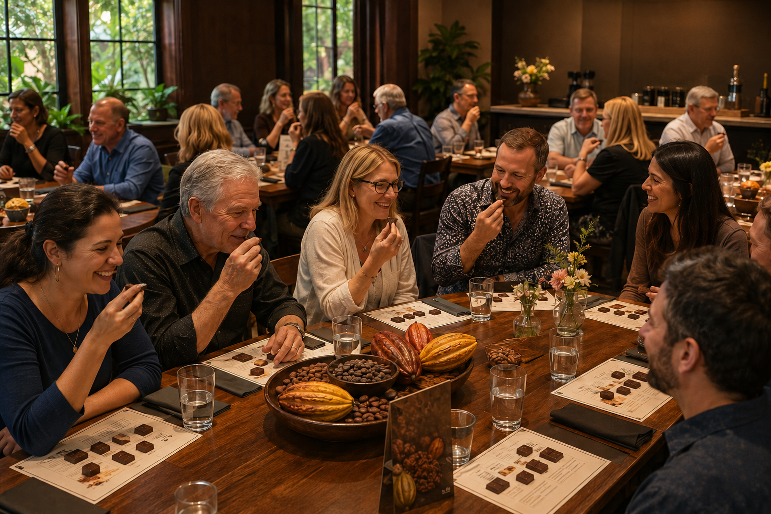 Group of people enjoying a chocolate tasting event in a cozy setting with large windows and greenery outside, with chocolates and flowers on the table.