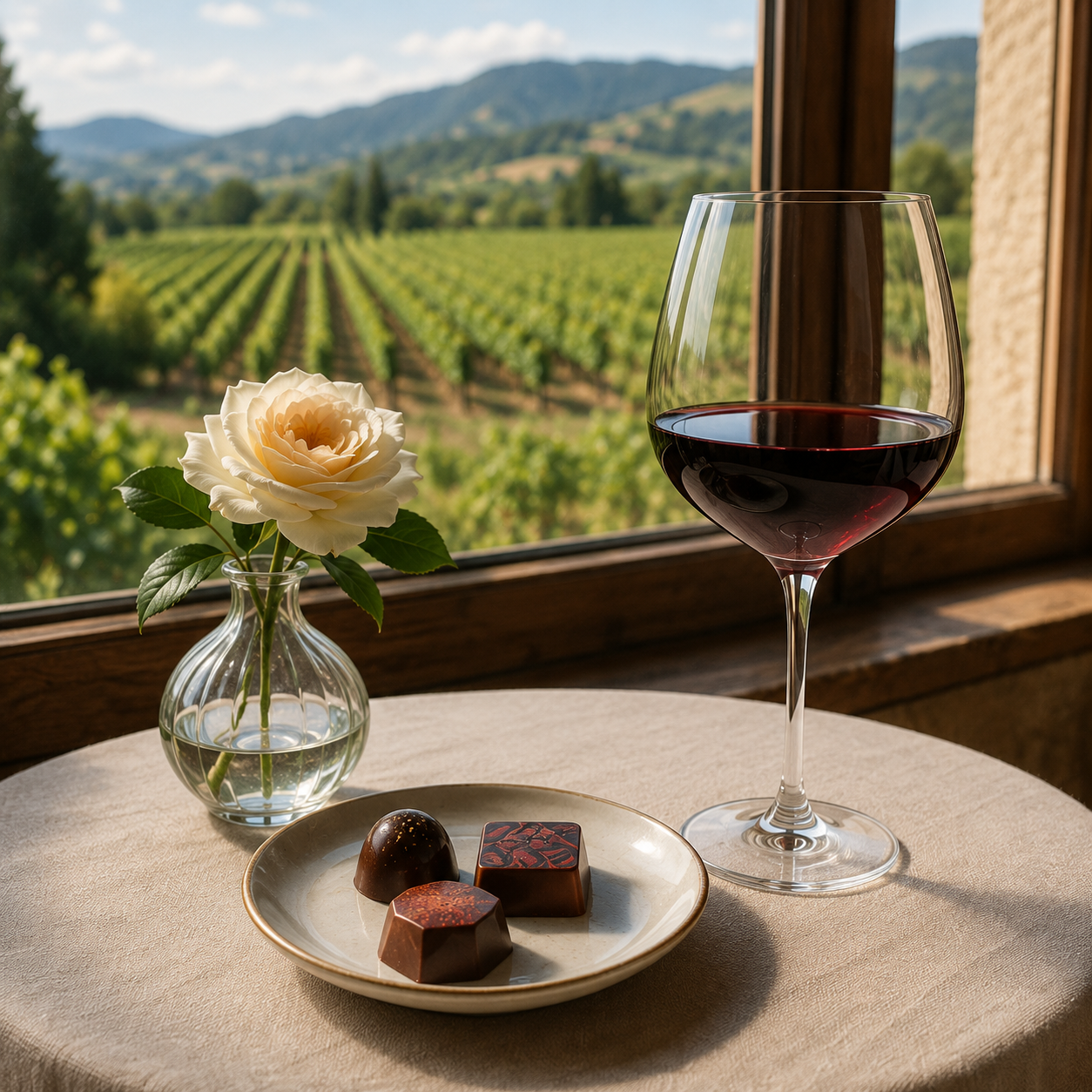 A table with a glass of red wine, a small vase with a white rose, and three chocolates in a dish, with a scenic Virginia vineyard landscape outside a window.