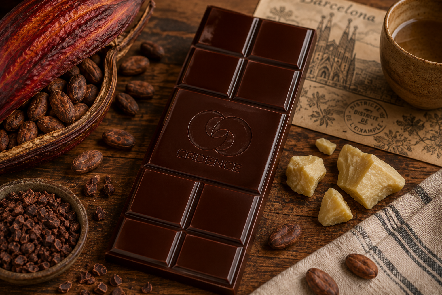 A Cadence Cocoa chocolate bar placed on a rustic wooden surface, surrounded by cocoa beans, chunks of white chocolate, cocoa nibs, a cup of coffee, an old map, and a striped cloth.