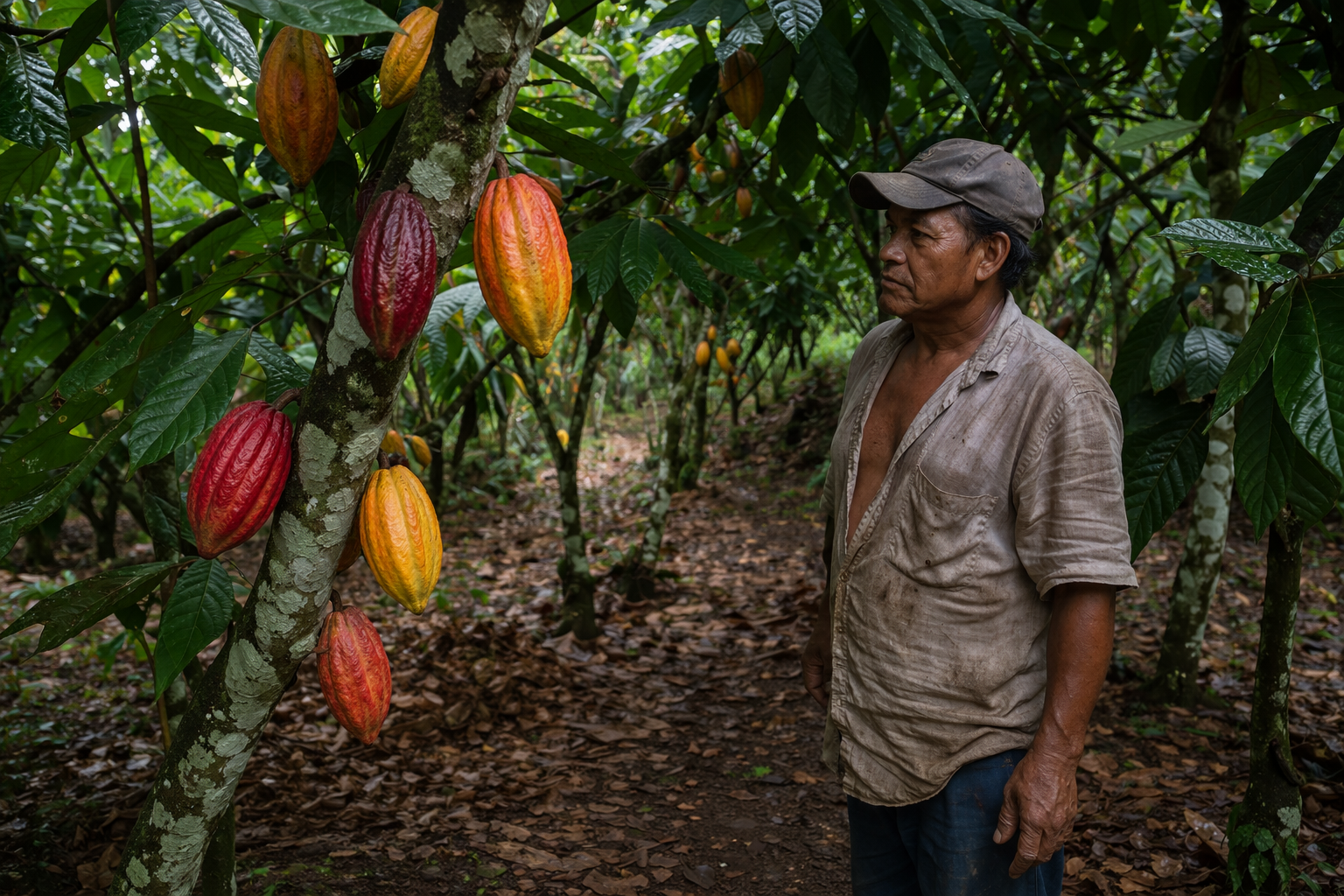 A Venezuelan farmer in a dirty, short-sleeved shirt and cap stands in a cacao plantation, looking at ripe cacao pods on a tree.