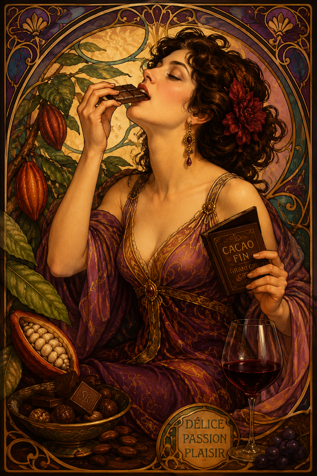 A woman with curly hair and a red flower in her hair is eating chocolate. She holds a book titled 'Cacao Fin' in one hand and a glass of red wine in the other. She is dressed in ornate, vintage-style clothing and is surrounded by cacao pods, chocolates, and grapes. The background features an artistic, decorative design with leaves and floral motifs, and a sign reads 'Délice Passion Plaisir.'