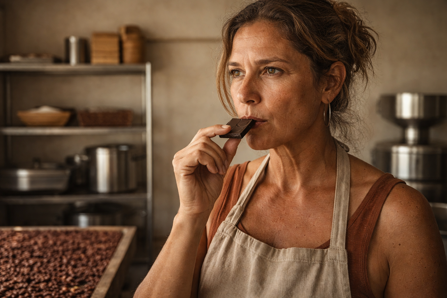 A woman tasting fine craft chocolate in a kitchen.