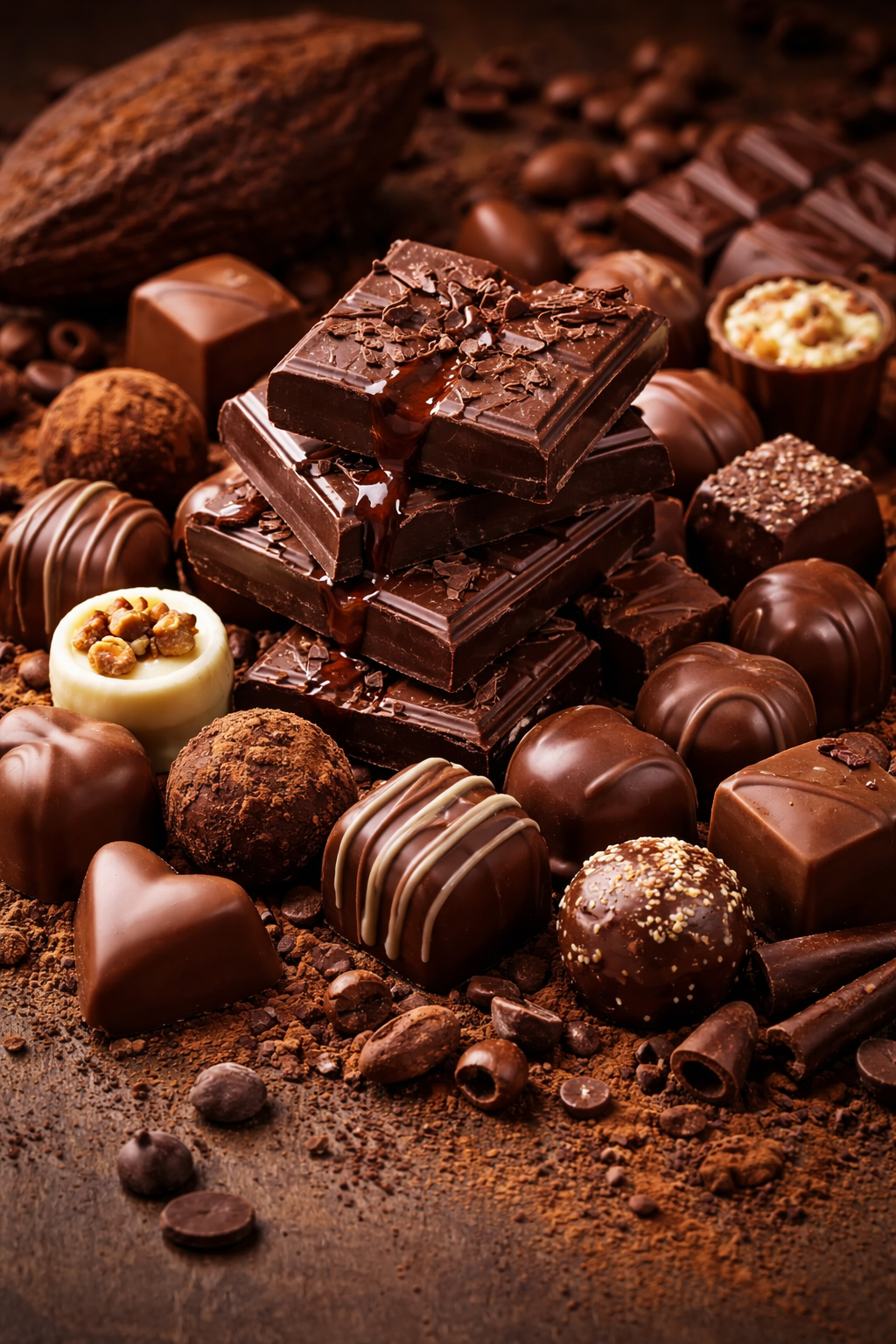 Assortment of various chocolates and chocolate bars on a bed of cocoa powder, including dark, milk, and white chocolates with toppings like nuts and sprinkles.