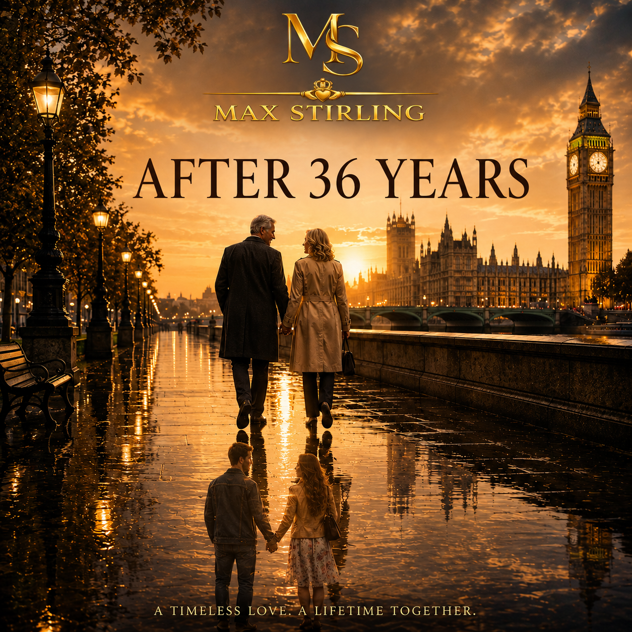 After 36 Years single artwork by British singer Max Stirling, featuring a couple walking beside the River Thames in London at sunset.
