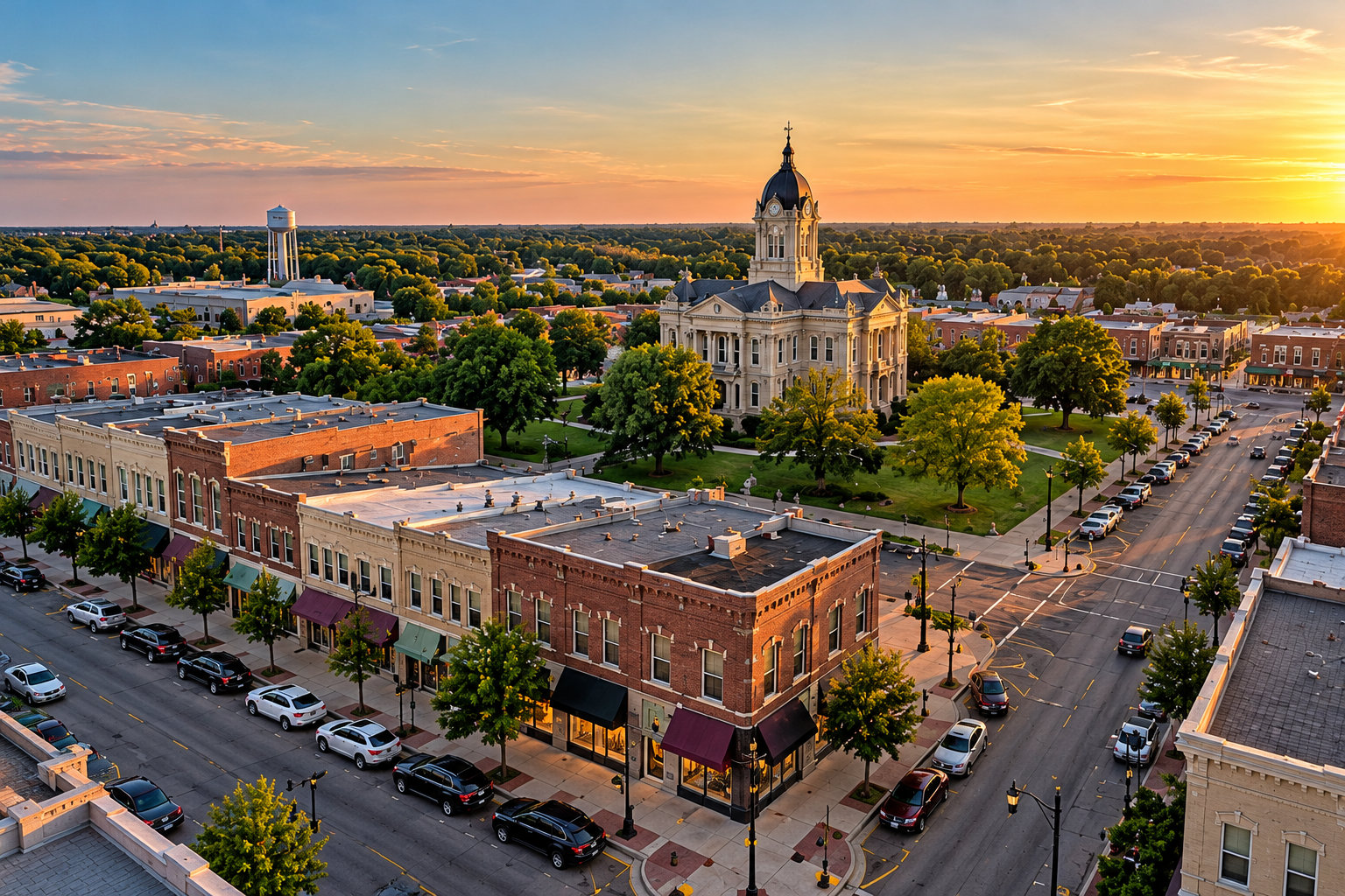Aerial view of a historic downtown with brick buildings, parked cars, a courthouse with a clock tower, and tree-lined streets at sunset.