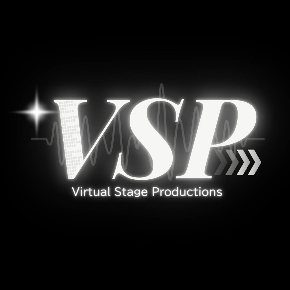 Logo for Virtual Stage Productions with the initials 'VSP' and a star, heartbeat line, and arrow design elements, set against a black background.
