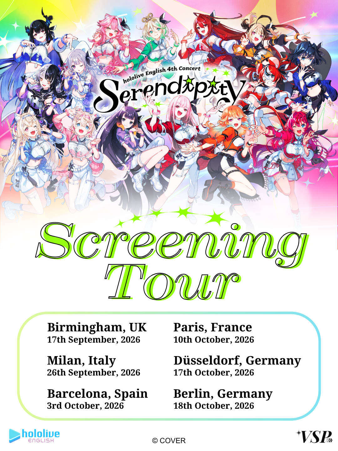 Anime-style illustration of multiple female characters in colorful costumes, promoting the hololive English 4th concert Serendipity, with tour dates in various European cities.