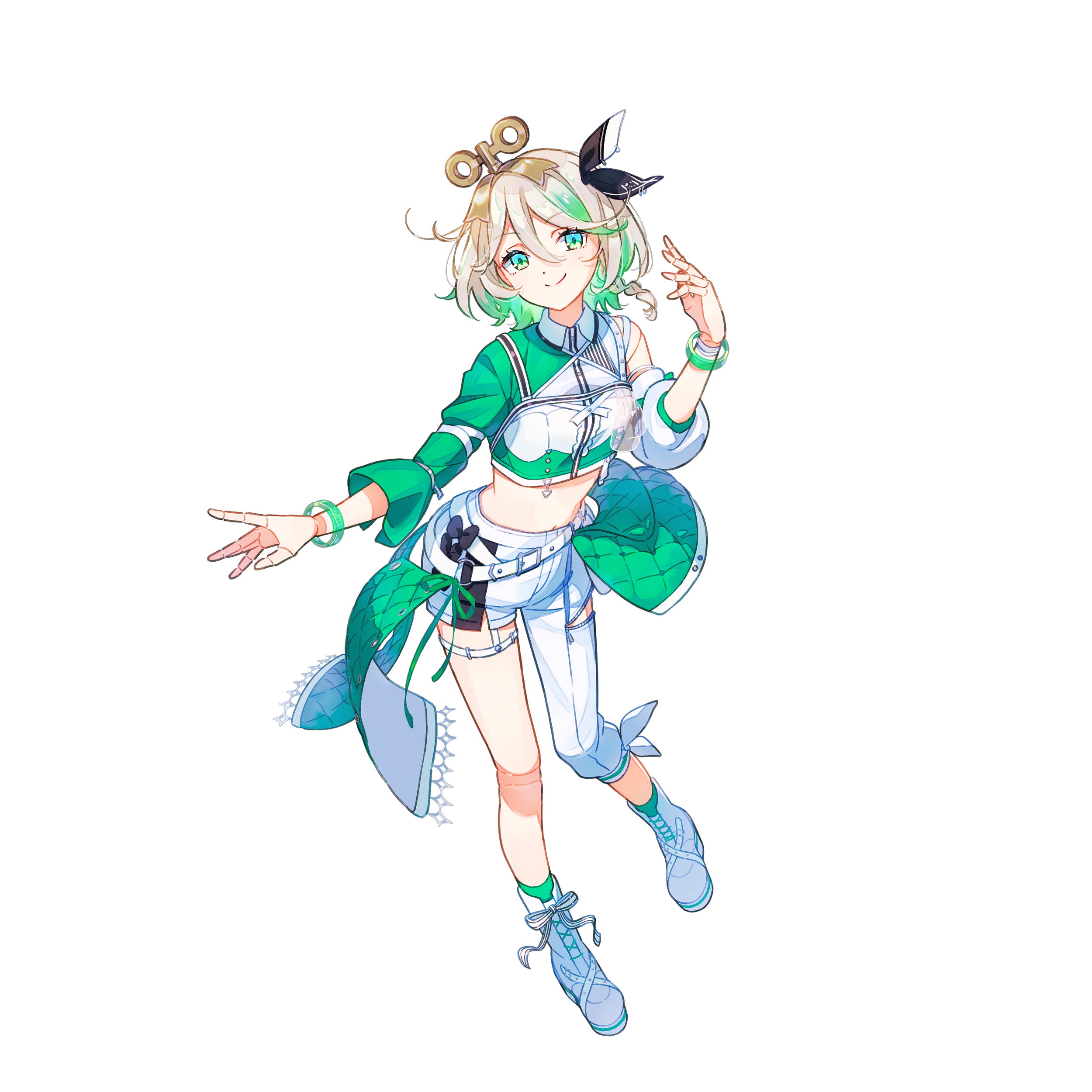Anime-style female character with green and white hair, wearing a sporty outfit with a green jacket, white shorts, and blue sneakers, standing against a black background.