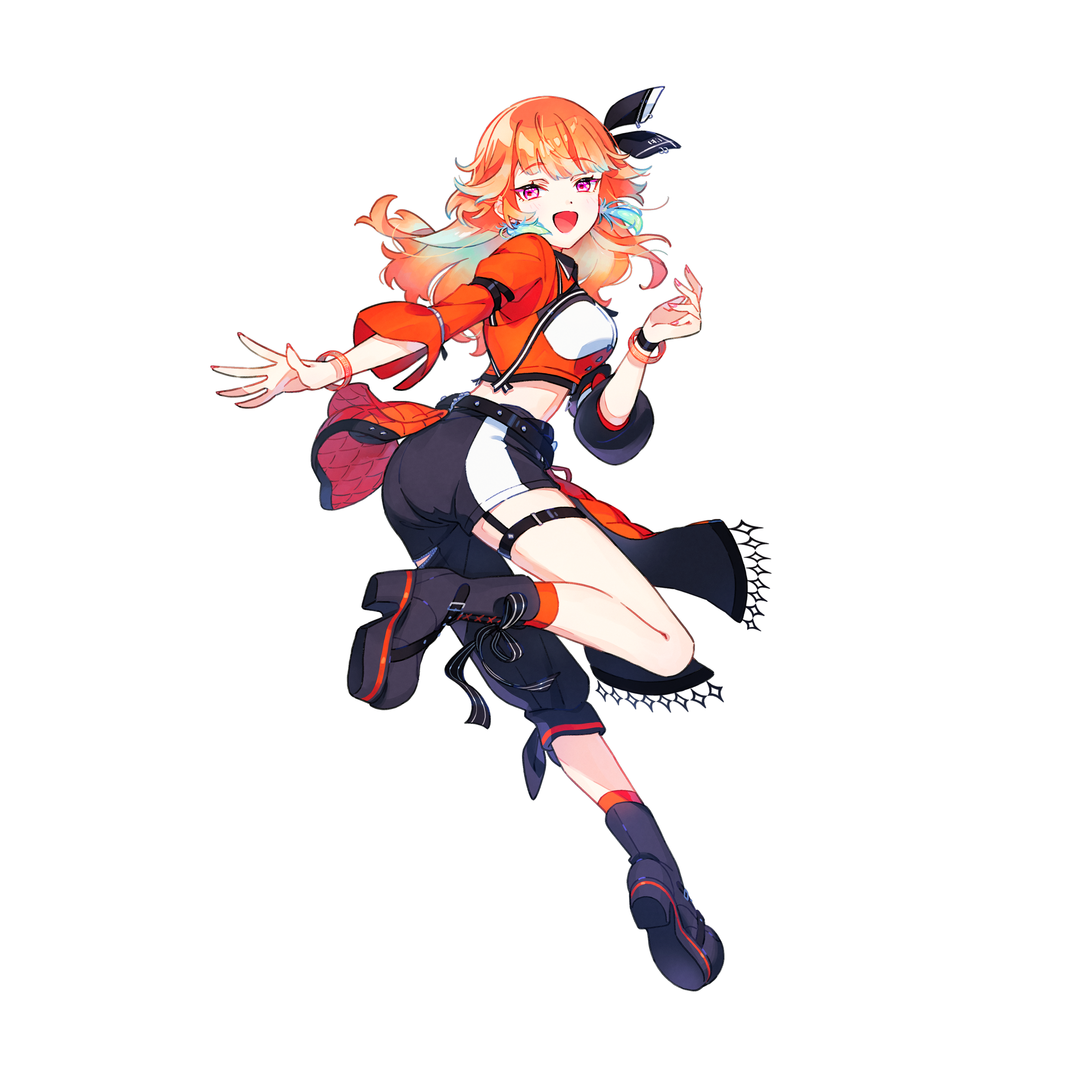 Anime girl with orange hair, pink eyes, wearing a futuristic orange and black outfit with headphones and a headset. She is smiling and energetic.