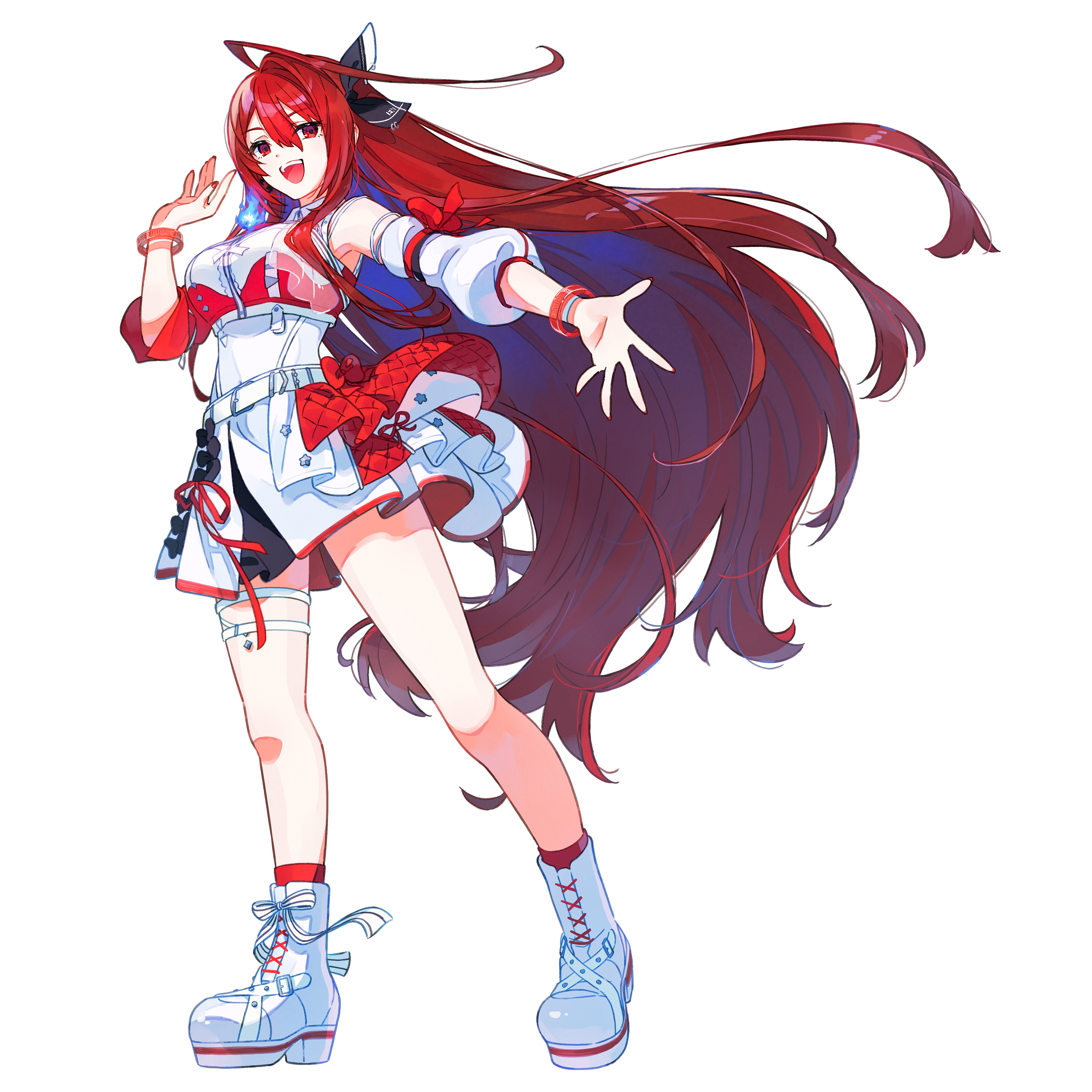 Anime-style girl with long red hair, cat ears, and blue eyes, wearing a white and red school uniform with blue sneakers, smiling and reaching out with her hand.