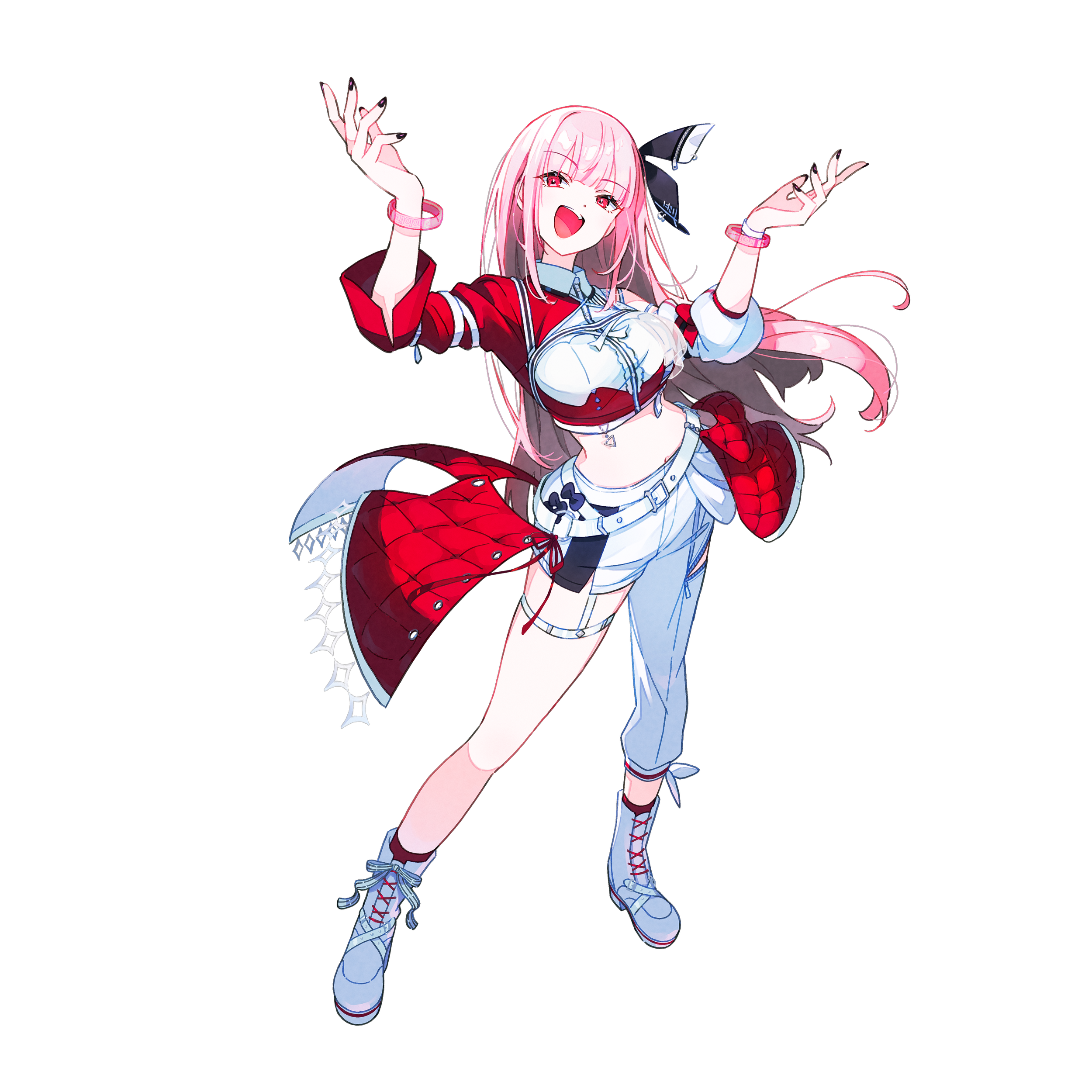 Anime-style girl with long pink hair in a playful pose, wearing a school uniform with a red jacket, white shirt, and shorts, accessorized with wristbands, a hair clip, and sneakers, against a black background.