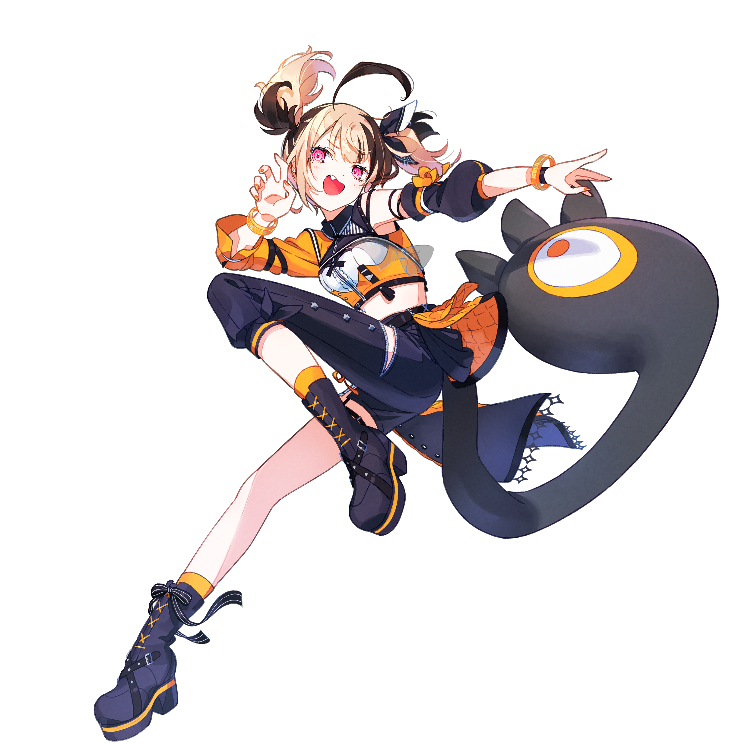 Anime-style girl with brown and blonde hair, pink eyes, dressed in a black and orange outfit, pointing forward, with a black cat plush toy.