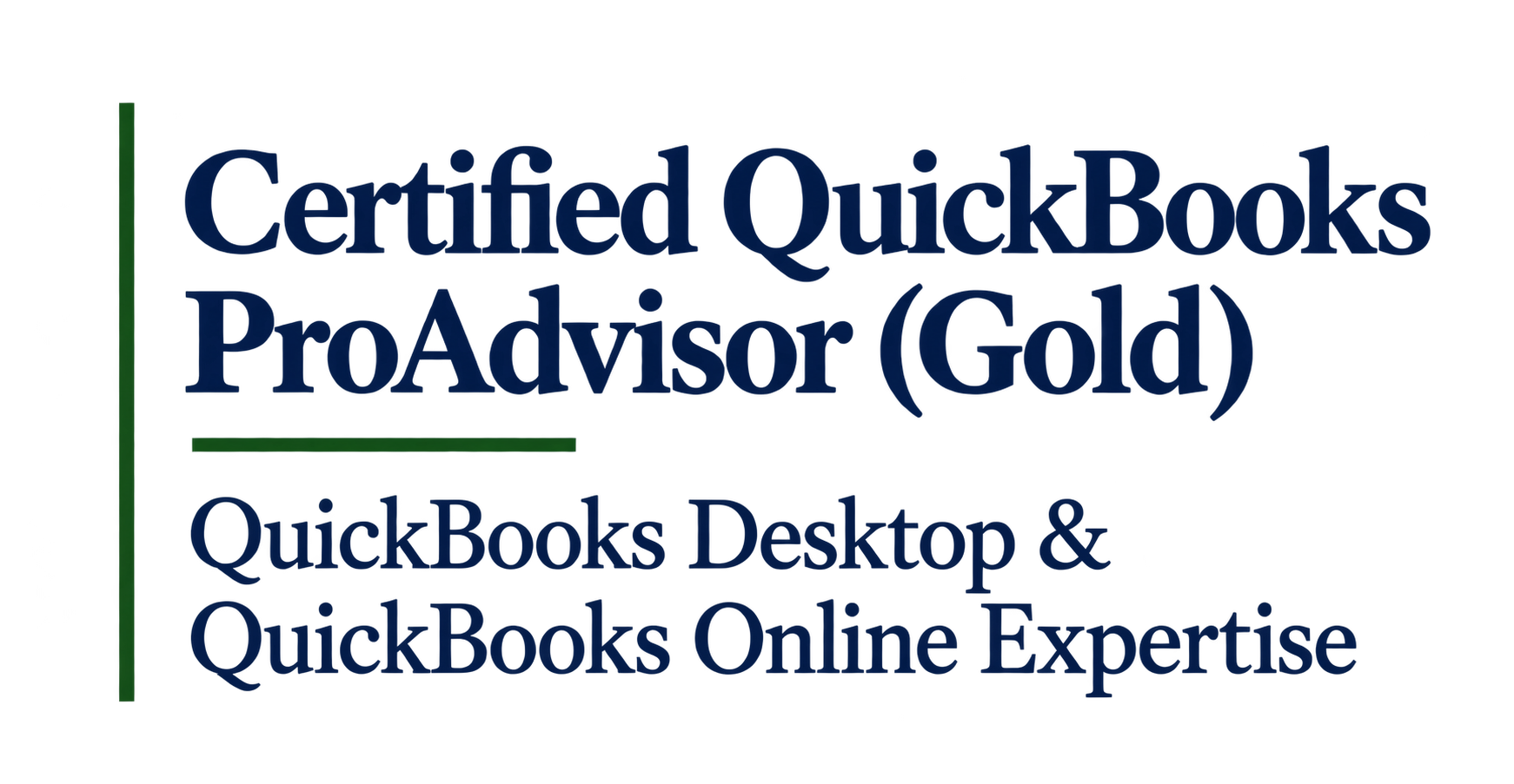 Logo of Certified QuickBooks ProAdvisor (Gold), featuring text in blue and green with graphical elements resembling a bar and line chart.