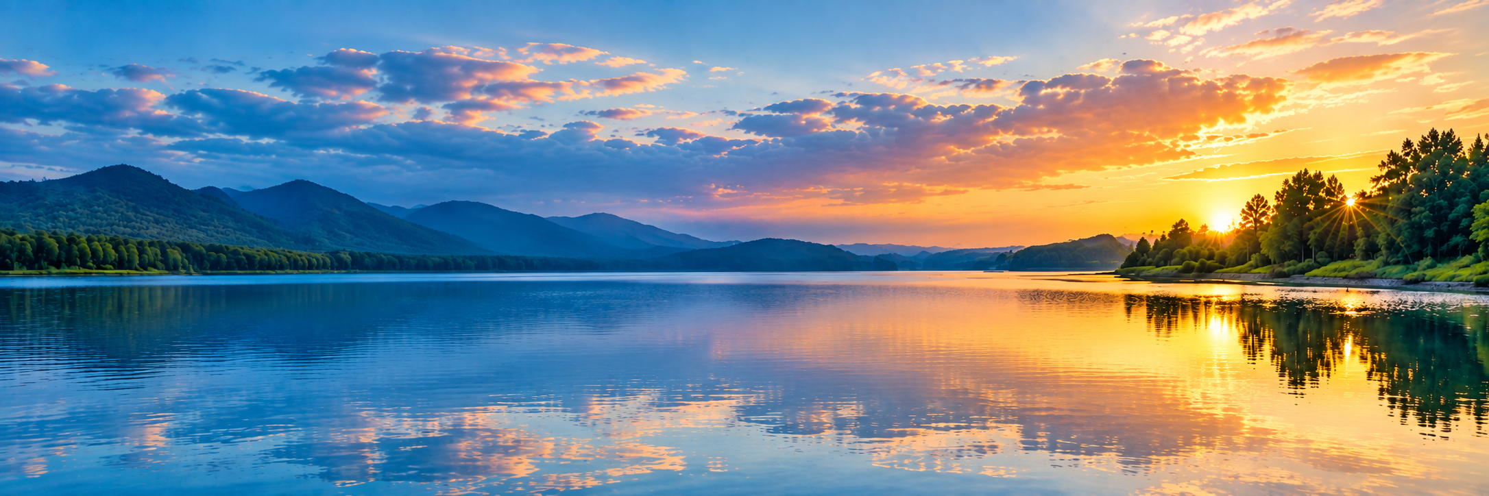 A calm river reflecting a colorful sunset sky with clouds, mountains, and trees along the shoreline.