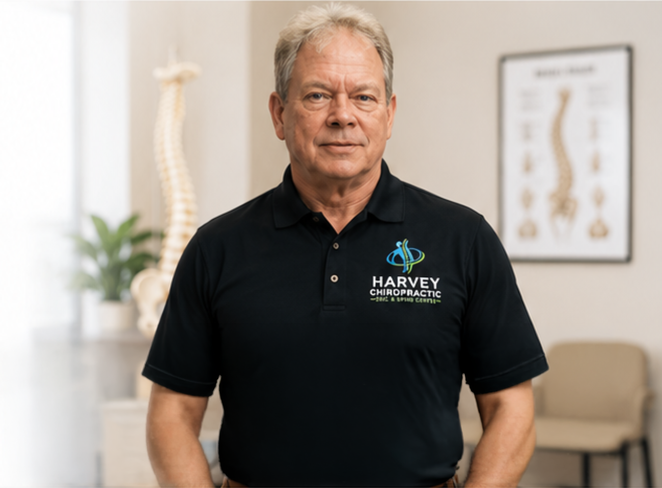A mature man with gray hair wearing a black polo shirt with the logo of Harvey Chiropractic posing in a medical office.