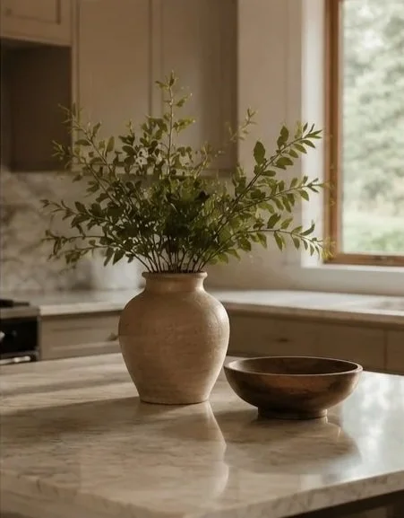 A beige vase with green leafy branches and a dark brown wooden bowl on a marble kitchen countertop near a window.