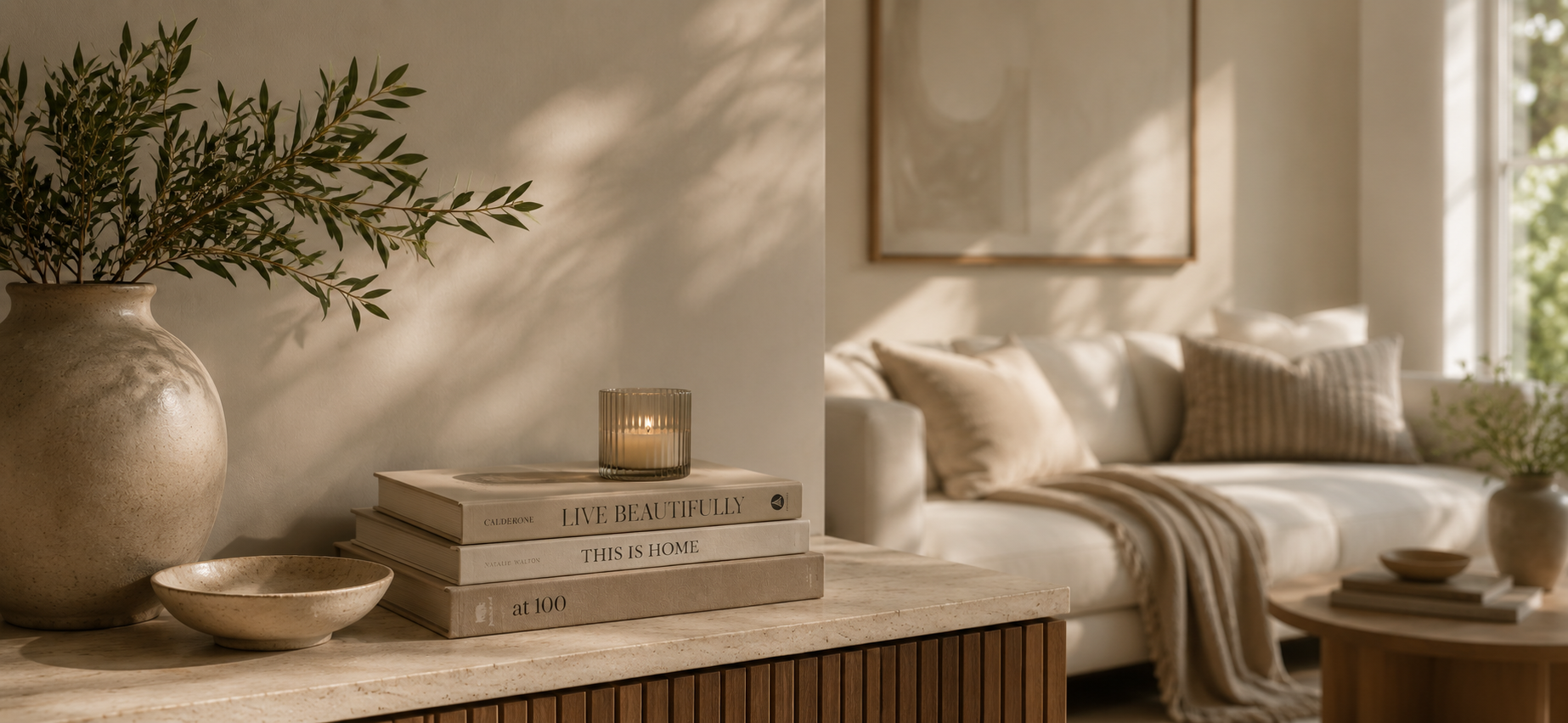 A cozy living room with a beige sofa, beige and striped throw pillows, and a beige blanket. There is a side table with a beige vase with greenery, a stack of books, a candle, and a small bowl. Natural light streams through large windows.