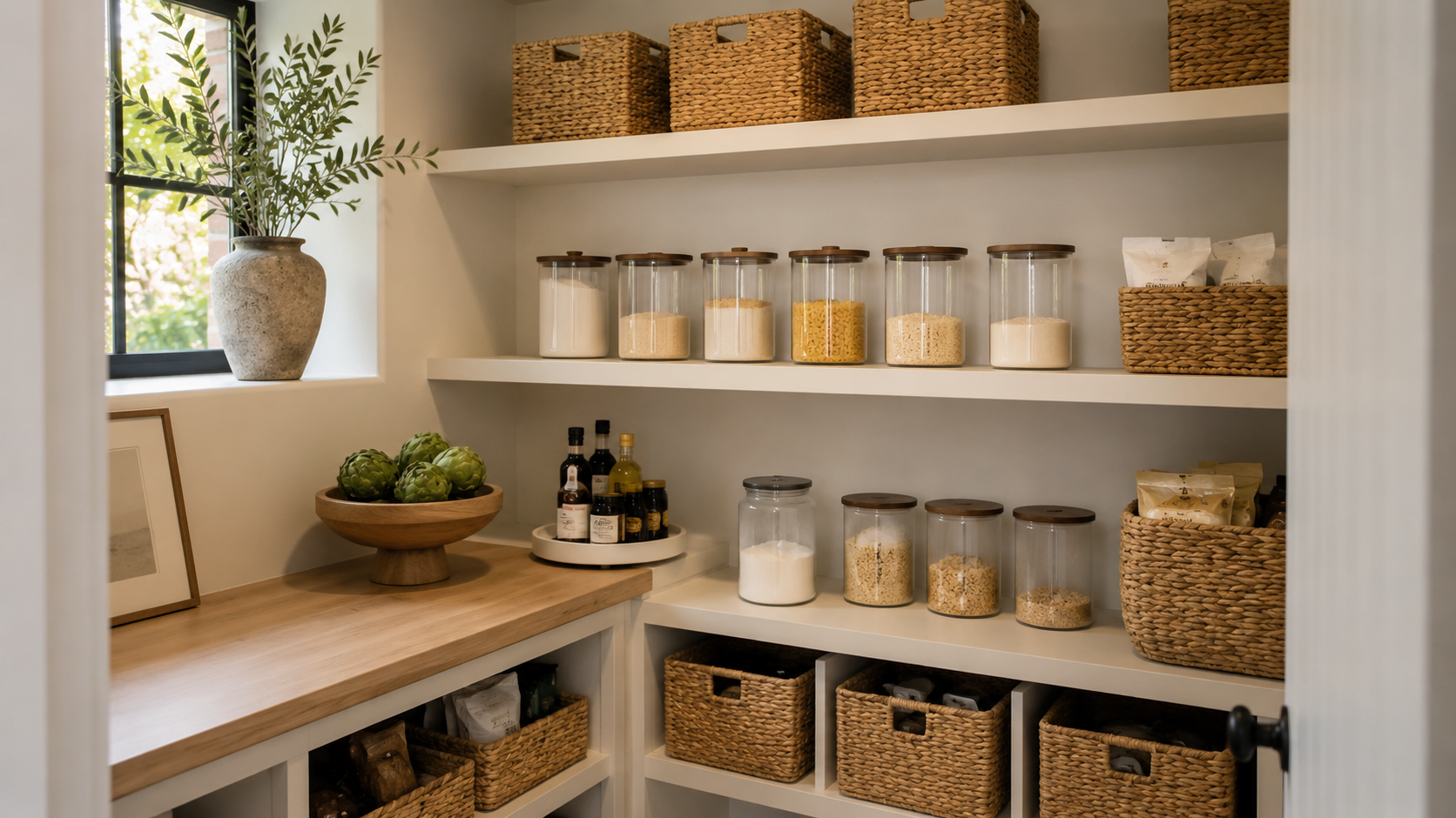 A pantry with open white shelves holding glass jars filled with dry goods, woven baskets, and bottles of condiments, with a window and decorative items on a wooden countertop.